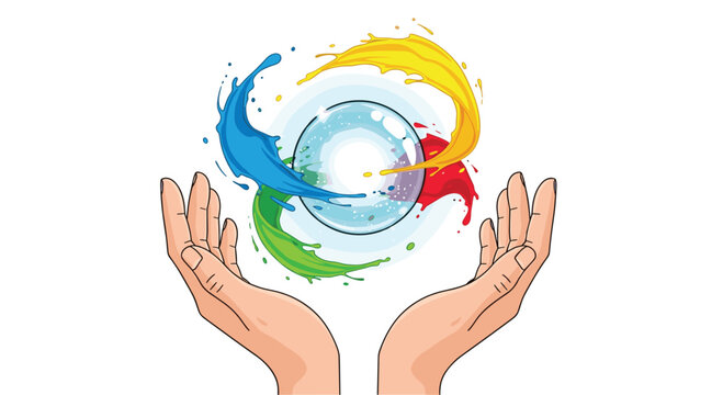 A pair of illustrated human hands gently cradle a luminous spherical orb surrounded by vibrant, swirling splashes of blue, yellow, green, and red paint on a white background.