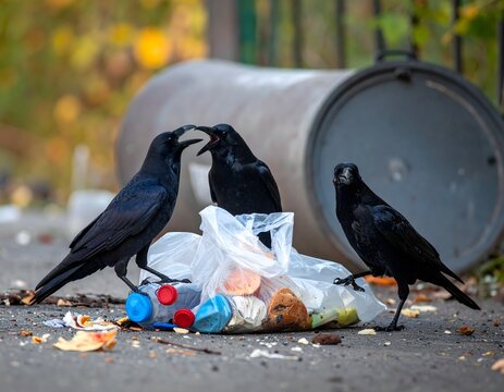 ゴミ袋を突くカラスたちの姿
