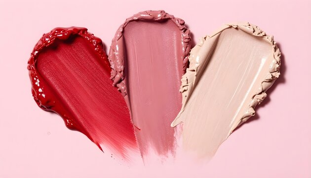 Three swatches of makeup, red, pink, and beige, arranged in a heart shape