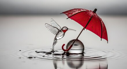 Obraz premium Hummingbird Interaction with Red Umbrella, Water Surface, Artistic Capture, Serene Setting, Close-Up View, Creative Concept