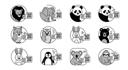 Obraz premium Collection of various animal heads with QR codes black and white line art.