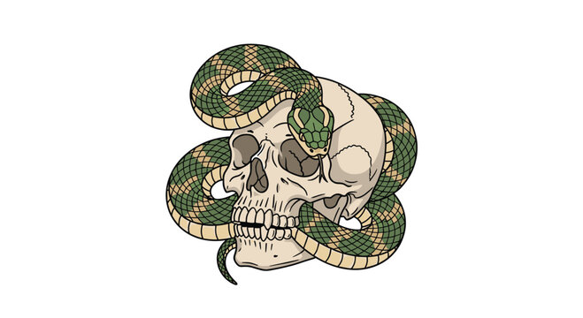 A green patterned snake with scales is tightly coiled around a realistic human skull rendered in a flat graphic illustration style on a white background.