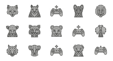 Collection of detailed animal head illustrations and gaming controllers in a consistent monochrome style. © Haroh