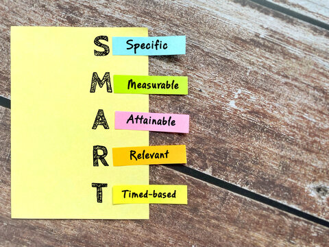 Creative business concept illustrating SMART goals framework with specific measurable attainable relevant and time based planning structure.