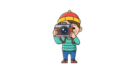 Fototapeta premium Child Photographer Capturing Moments, Outdoor Play, Illustrative Art, Cheerful Environment, Frontal View, Creativity