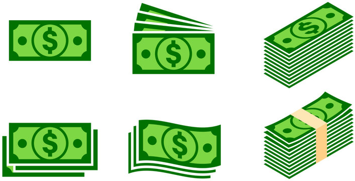 simple stack pile of green bank currency cash money dollar notes icon set vector on transparent background
