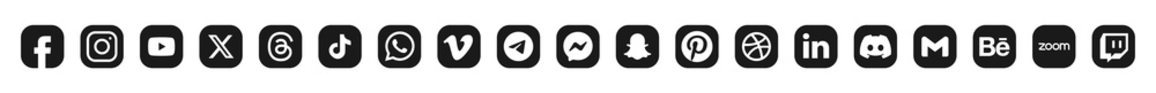 x, tiktok, threads, facebook, instagram, youtube, behance, telegram, whatsapp, linkedin, gmail, discord, twitch, pinterest, snapchat, dribbble, vimeo, messanger, zoom icon set.