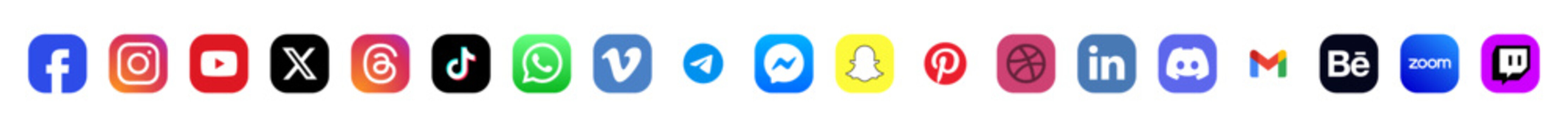 x, tiktok, threads, facebook, instagram, youtube, behance, telegram, whatsapp, linkedin, gmail, discord, twitch, pinterest, snapchat, dribbble, vimeo, messanger, zoom icon set.