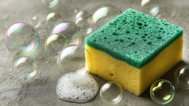 Colorful kitchen sponge with bubbles and foam on a textured surface for cleaning and household imagery