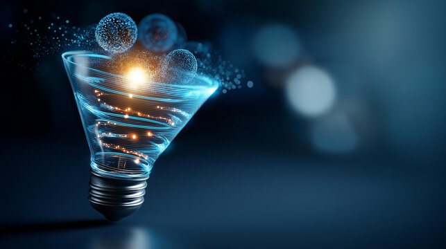 Floating hologram composition of a glowing innovation funnel with ideas entering at the top and refined product concepts emerging at the bottom on a clean bright technology