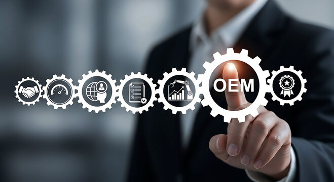 Businessman touching OEM gear icon for original equipment manufacturer production