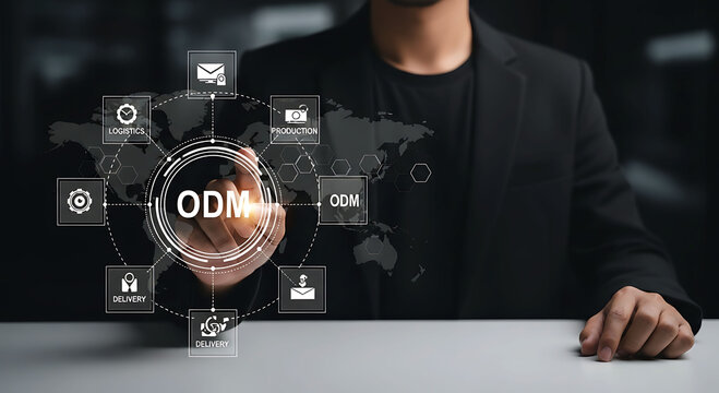 Businessman touching ODM icon for original design manufacturing and logistics