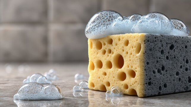 Close-up of a Yellow and Gray Kitchen Sponge with Bubbles on a Countertop Surface for Cleaning and Hygiene Use
