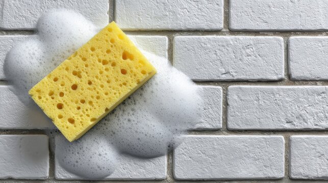Yellow Cleaning Sponge with Soap Bubbles on Textured White Brick Wall Surface for Household Cleaning Activities