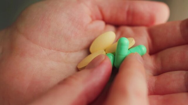 A person holding various pills of different shapes and sizes in hands. Medical and healthcare concept, medication management, and the importance of proper pharmaceutical use. High quality 4k footage