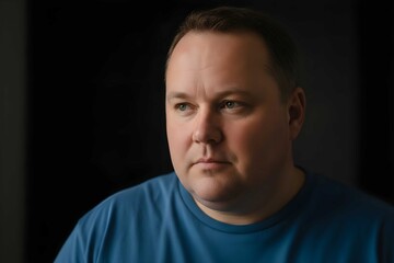 Fototapeta premium Thoughtful overweight man portrait in dark background with soft lighting and serious expression conveying introspection, calm mood and emotional depth