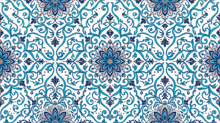 Blue and turquoise ornamental tile pattern with symmetrical floral arabesque design. © pixel*