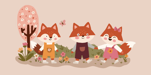 Fototapeta premium Cute fox cubs group in spring garden, baby woodland animals clipart 
