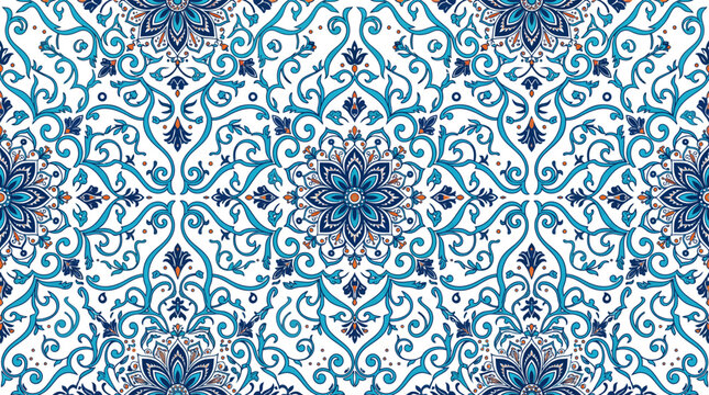 Blue and turquoise ornamental tile pattern with symmetrical floral arabesque design.