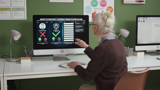 Back view shot of white haired senior woman studying phone scam information on PC screen while attending computer literacy and digital safety class for senior people, copy space