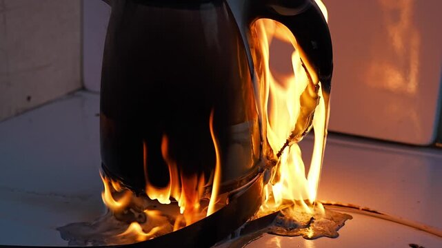 A electric kettle engulfed in flames, with the fire brightly illuminating its surface and rising upward. a dangerous situation, with dense tongues of fire covering its body.