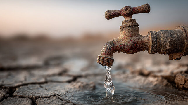 Rusty outdoor faucet drips water onto dry cracked earth landscape with clear blue sky background