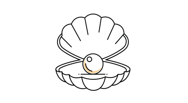 Elegant line art illustration depicts an open clam shell revealing a perfectly round shining pearl inside on white background.