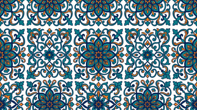 Blue and turquoise geometric ceramic tile pattern on decorative architectural wall.