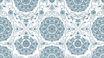 Seamless vintage blue ornamental tile pattern with floral medallions. © pixel*