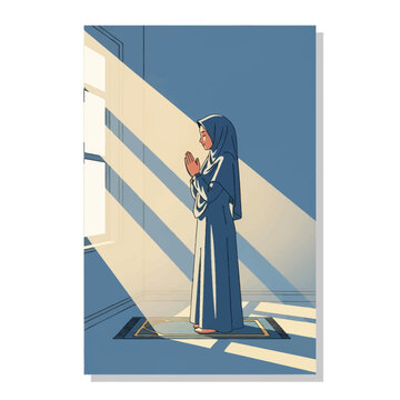 A Muslim woman in a blue hijab stands on a prayer mat in a room, performing dua with hands raised while bright morning sunlight streams through a window creating long shadows.