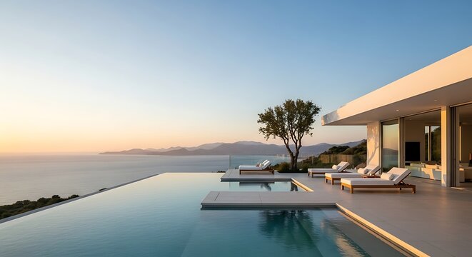Luxury infinity pool villa overlooking the ocean at sunset