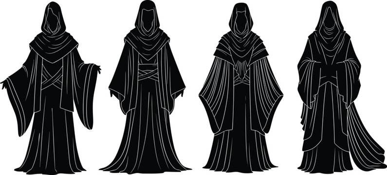 Mystical Hooded Mage Robe Silhouette Set Featuring Ornate Fantasy Garments and Sorcerer Cloaks for Gaming Assets, Halloween Decorations, and Gothic Character DesignsMystical Hooded Mage Robe Silhouett