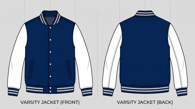 Professional technical design template of a navy blue and white varsity jacket with detailed labels for wool body and leather sleeves.
