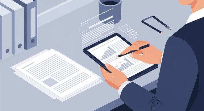 Flat vector illustration of a professional businessman analyzing financial charts and data on a digital tablet with a stylus at an office desk with files, binders, and paper documents.