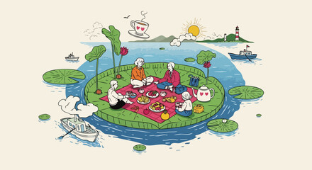 Fototapeta premium Surreal Whimsical Illustration of People Having a Picnic on Giant Water Lily