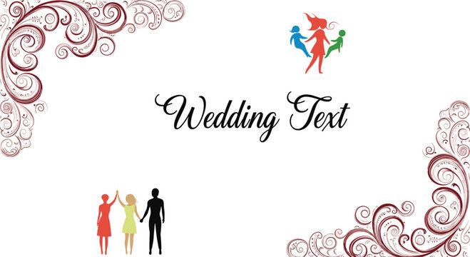 Elegant wedding card template with intricate floral corner ornaments and silhouettes of people dancing and holding hands.