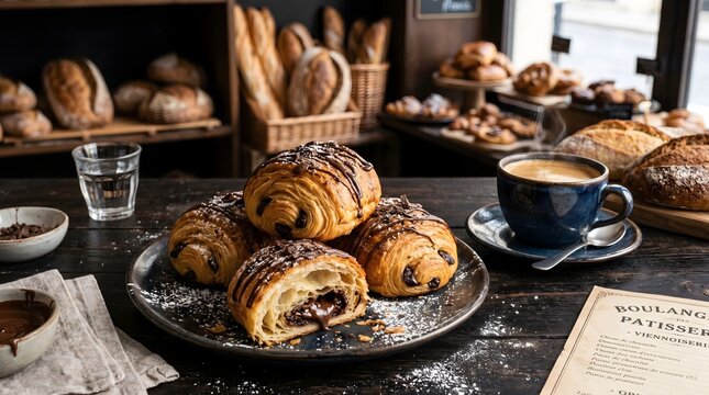 Freshly Baked Pain au Chocolate with Melting Chocolate and Hot Coffee in a Rustic French Bakery