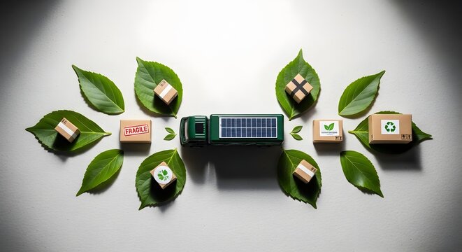 sustainable shipping truck and leaf parcels