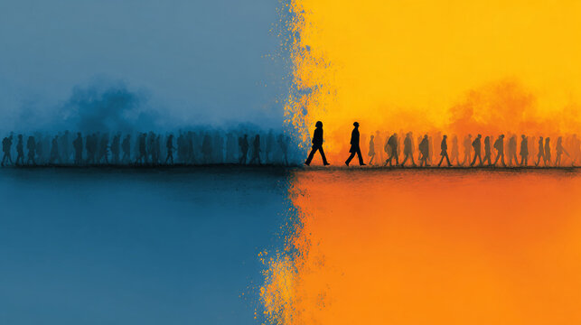 Social polarization concept with silhouette of people divided by contrasting blue and orange colors