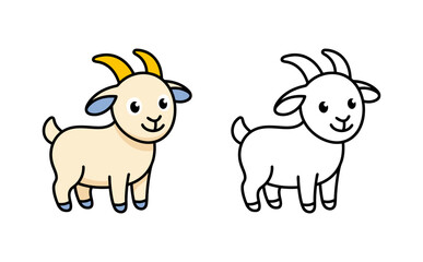 Obraz premium Cute cartoon goat and outline for coloring, white background, flat design vector illustration