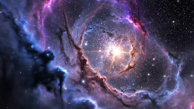 Vibrant nebula with swirling purple clouds.