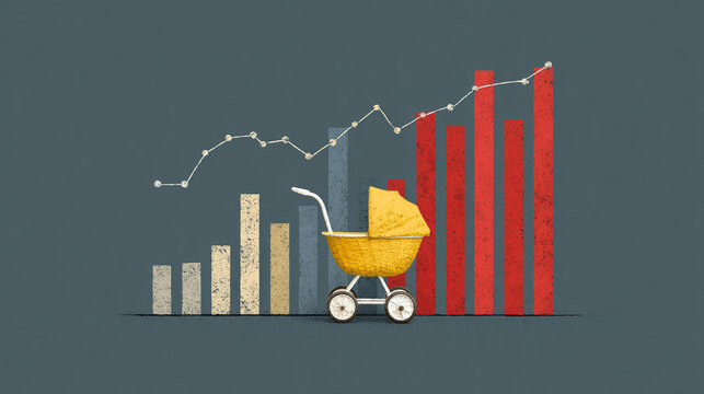 Declining birth rates refer to decreasing baby population trends shown by a stroller with a downward arrow amidst falling bar graphs and rising red graphs on a dark grey