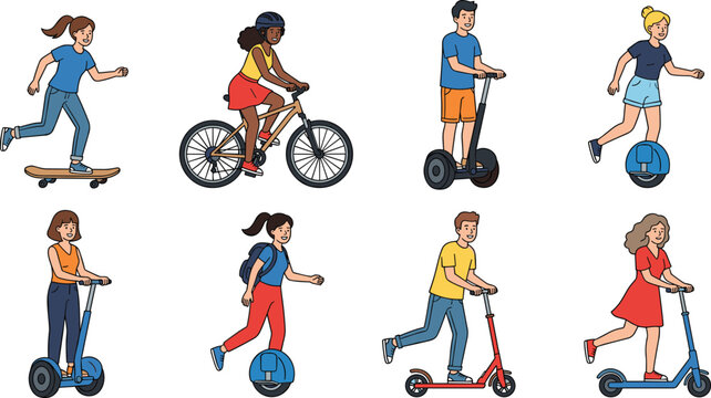 Active People Vector Illustration Set, Diverse Characters Using Modern Transportation and Outdoor Recreation