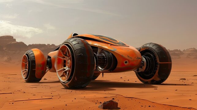 Modern dune buggy with light bar front view, parked on sand in the desert,