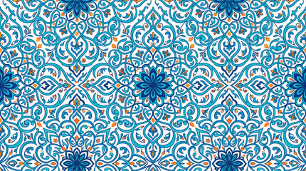 Seamless blue geometric floral Mediterranean tile pattern for decorative backgrounds. © pixel*