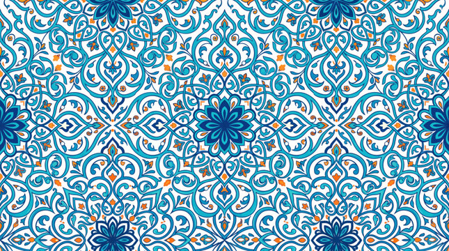 Seamless blue geometric floral Mediterranean tile pattern for decorative backgrounds.