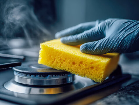 Hand wearing protective glove cleaning a stainless steel gas stove burner with a bright yellow sponge releasing steam in a modern kitchen environment