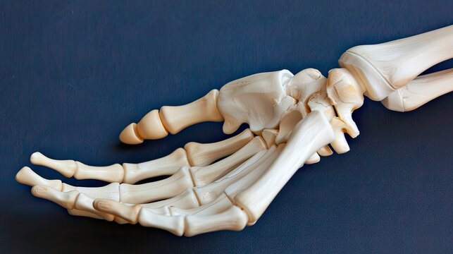 Skeleton hand model in wood, resembling a jaw gesture, on a blue surface