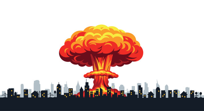 A massive mushroom cloud eruption looms over a dark urban skyline in this stylized graphic illustration featuring warm orange and red tones on a clean background.