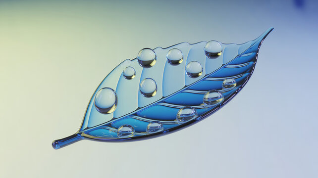 Close-up of a blue leaf with water droplets in a studio setting, droplets